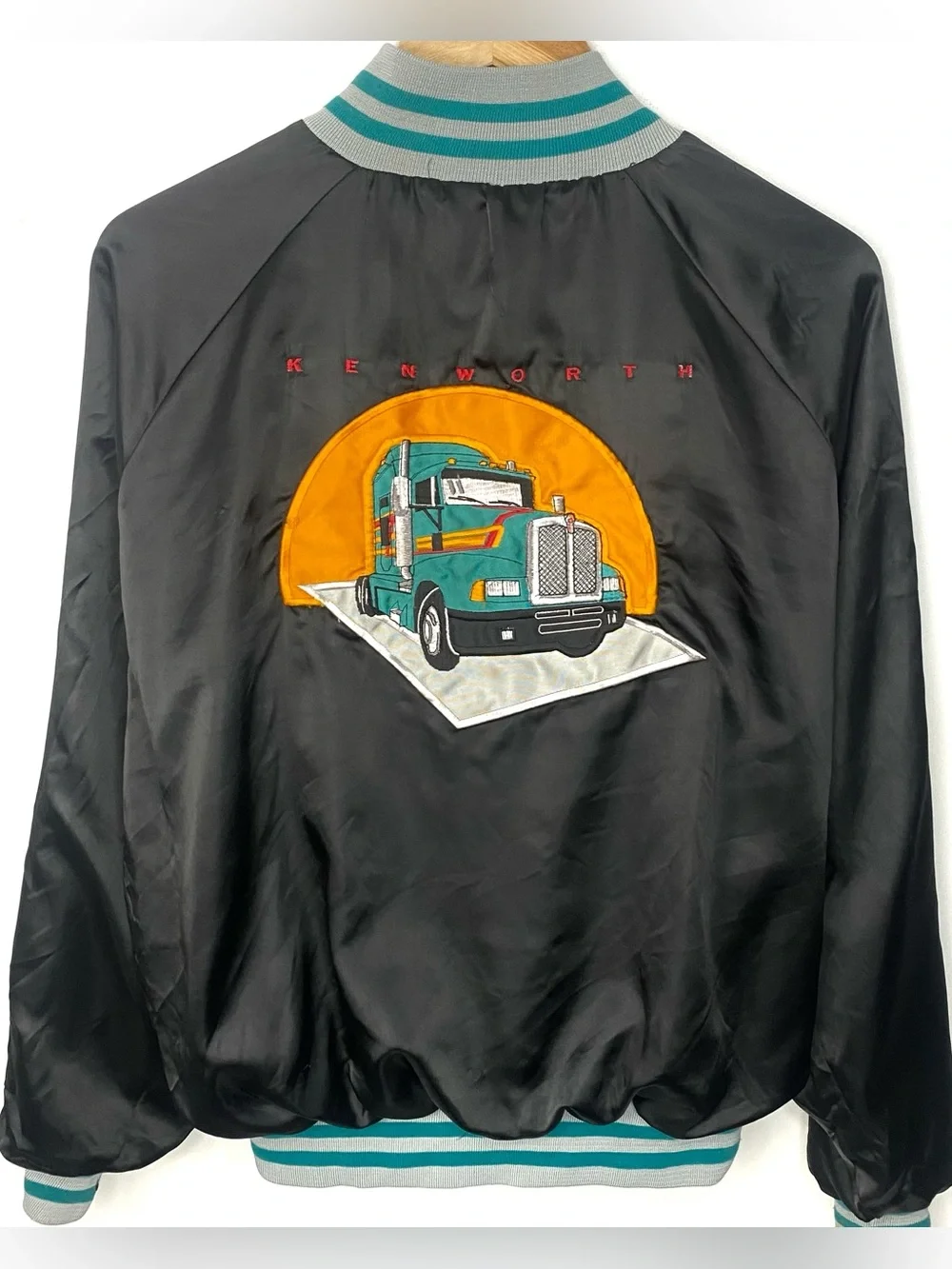 Vintage Kenworth Trucking Black Embroidery Satin Bomber Jacket Made In USA XL